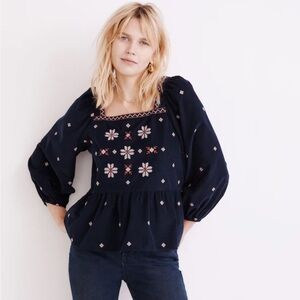 Madewell Dark Blue Embroidered Blouse NWT